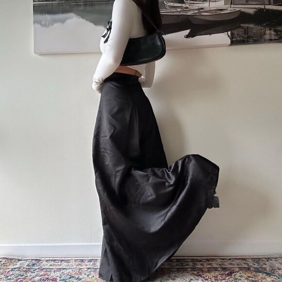 90s vintage black satin high waist maxi skirt dramatic classy goth formal skirt - Picture 2 of 8